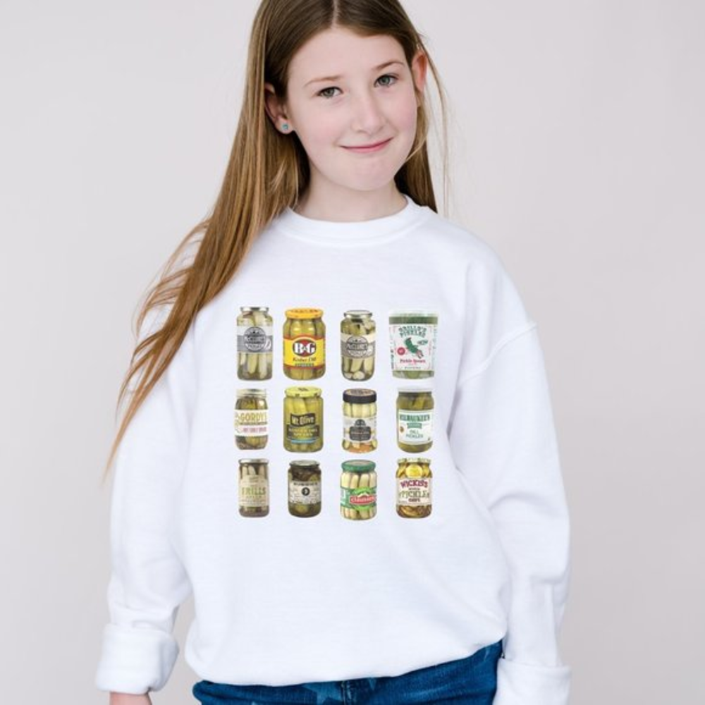 Youth Canned Pickles Jar White Crewneck Sweatshirt Kids Funny Pickle Lover Shirt